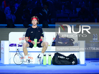 Andrej Rublev competes during the Nitto ATP Finals 2024 Group B match between Carlos Alcaraz and Andrej Rublev at Inalpi Arena in Milan, Ita...