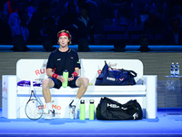 Andrej Rublev competes during the Nitto ATP Finals 2024 Group B match between Carlos Alcaraz and Andrej Rublev at Inalpi Arena in Milan, Ita...