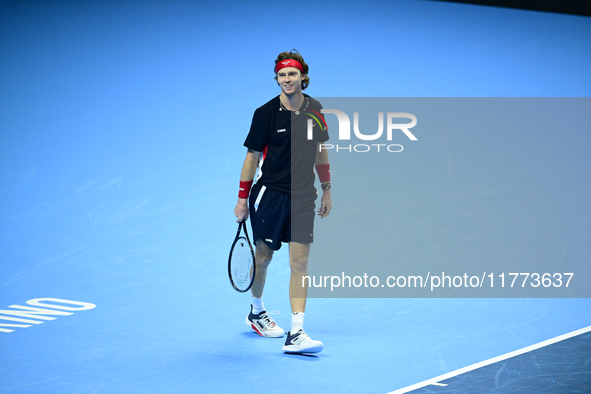 Andrej Rublev competes during the Nitto ATP Finals 2024 Group B match between Carlos Alcaraz and Andrej Rublev at Inalpi Arena in Milan, Ita...