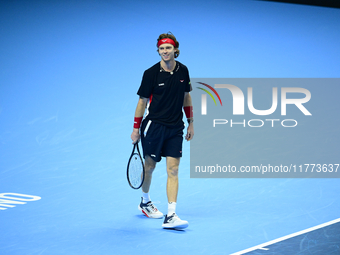 Andrej Rublev competes during the Nitto ATP Finals 2024 Group B match between Carlos Alcaraz and Andrej Rublev at Inalpi Arena in Milan, Ita...