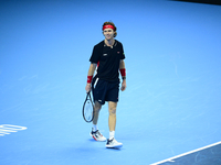 Andrej Rublev competes during the Nitto ATP Finals 2024 Group B match between Carlos Alcaraz and Andrej Rublev at Inalpi Arena in Milan, Ita...