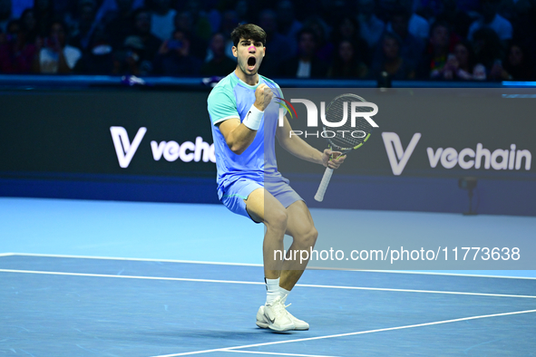 Carlos Alcaraz competes during the Nitto ATP Finals 2024 Group B match against Andrej Rublev at Inalpi Arena in Milan, Italy, on November 13...