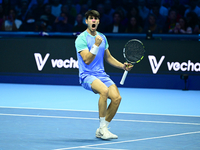 Carlos Alcaraz competes during the Nitto ATP Finals 2024 Group B match against Andrej Rublev at Inalpi Arena in Milan, Italy, on November 13...