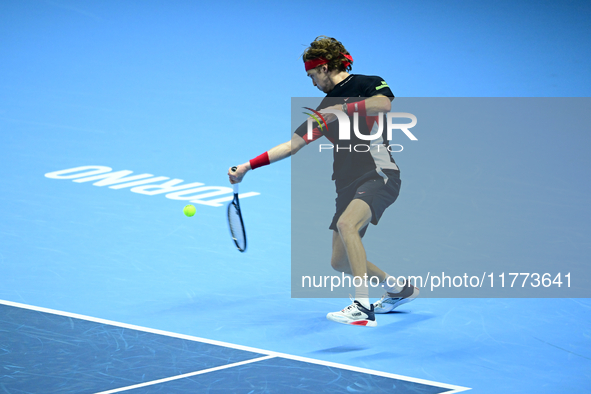 Andrej Rublev competes during the Nitto ATP Finals 2024 Group B match between Carlos Alcaraz and Andrej Rublev at Inalpi Arena in Milan, Ita...