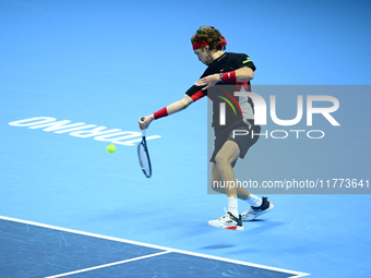 Andrej Rublev competes during the Nitto ATP Finals 2024 Group B match between Carlos Alcaraz and Andrej Rublev at Inalpi Arena in Milan, Ita...