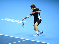 Andrej Rublev competes during the Nitto ATP Finals 2024 Group B match between Carlos Alcaraz and Andrej Rublev at Inalpi Arena in Milan, Ita...