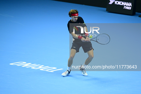 Andrej Rublev competes during the Nitto ATP Finals 2024 Group B match between Carlos Alcaraz and Andrej Rublev at Inalpi Arena in Milan, Ita...