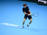 Andrej Rublev competes during the Nitto ATP Finals 2024 Group B match between Carlos Alcaraz and Andrej Rublev at Inalpi Arena in Milan, Ita...