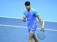 Carlos Alcaraz competes during the Nitto ATP Finals 2024 Group B match against Andrej Rublev at Inalpi Arena in Milan, Italy, on November 13...