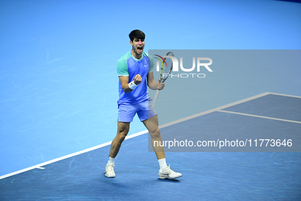 Carlos Alcaraz competes during the Nitto ATP Finals 2024 Group B match against Andrej Rublev at Inalpi Arena in Milan, Italy, on November 13...