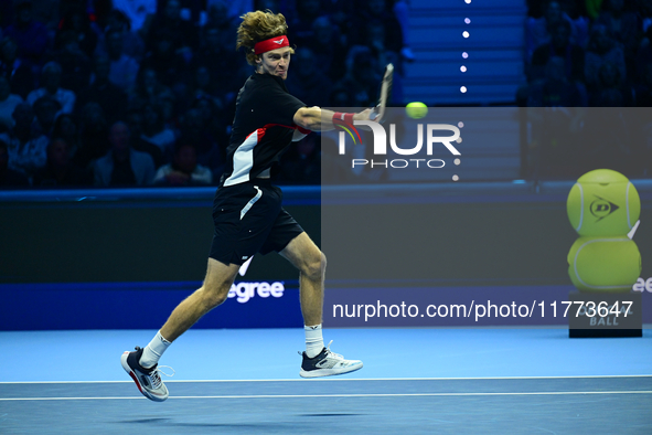 Andrej Rublev competes during the Nitto ATP Finals 2024 Group B match between Carlos Alcaraz and Andrej Rublev at Inalpi Arena in Milan, Ita...