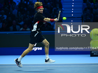 Andrej Rublev competes during the Nitto ATP Finals 2024 Group B match between Carlos Alcaraz and Andrej Rublev at Inalpi Arena in Milan, Ita...