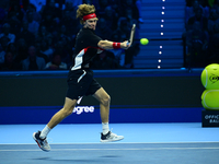 Andrej Rublev competes during the Nitto ATP Finals 2024 Group B match between Carlos Alcaraz and Andrej Rublev at Inalpi Arena in Milan, Ita...