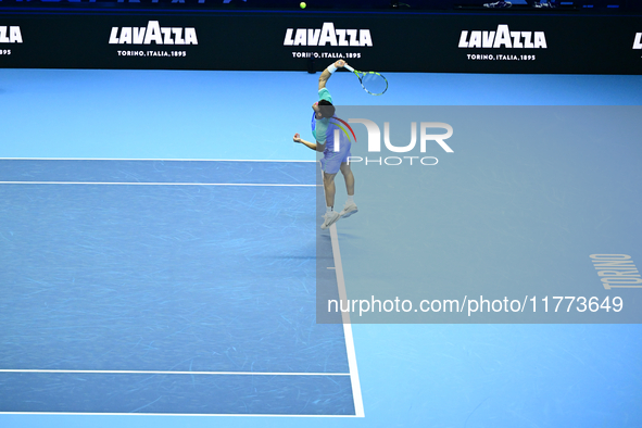 Carlos Alcaraz competes during the Nitto ATP Finals 2024 Group B match against Andrej Rublev at Inalpi Arena in Milan, Italy, on November 13...