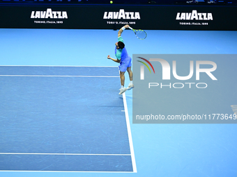 Carlos Alcaraz competes during the Nitto ATP Finals 2024 Group B match against Andrej Rublev at Inalpi Arena in Milan, Italy, on November 13...