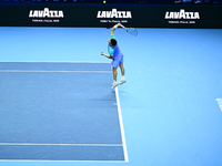 Carlos Alcaraz competes during the Nitto ATP Finals 2024 Group B match against Andrej Rublev at Inalpi Arena in Milan, Italy, on November 13...