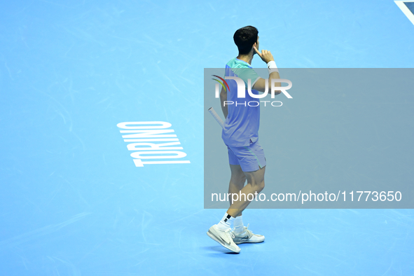 Carlos Alcaraz competes during the Nitto ATP Finals 2024 Group B match against Andrej Rublev at Inalpi Arena in Milan, Italy, on November 13...