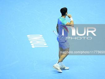 Carlos Alcaraz competes during the Nitto ATP Finals 2024 Group B match against Andrej Rublev at Inalpi Arena in Milan, Italy, on November 13...