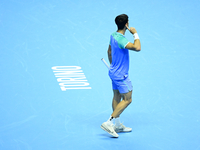 Carlos Alcaraz competes during the Nitto ATP Finals 2024 Group B match against Andrej Rublev at Inalpi Arena in Milan, Italy, on November 13...