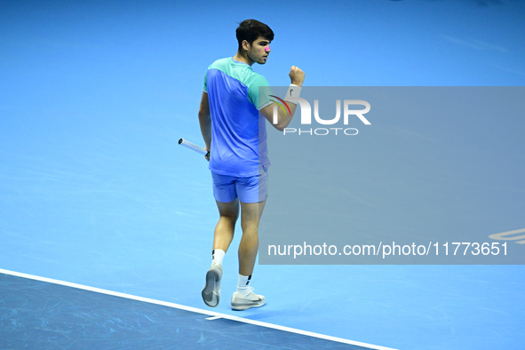 Andrej Rublev competes during the Nitto ATP Finals 2024 Group B match between Carlos Alcaraz and Andrej Rublev at Inalpi Arena in Milan, Ita...