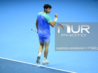 Andrej Rublev competes during the Nitto ATP Finals 2024 Group B match between Carlos Alcaraz and Andrej Rublev at Inalpi Arena in Milan, Ita...