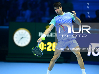 Carlos Alcaraz competes during the Nitto ATP Finals 2024 Group B match against Andrej Rublev at Inalpi Arena in Milan, Italy, on November 13...