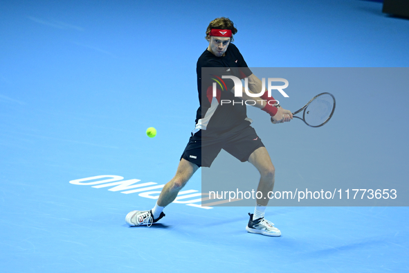 Andrej Rublev competes during the Nitto ATP Finals 2024 Group B match between Carlos Alcaraz and Andrej Rublev at Inalpi Arena in Milan, Ita...