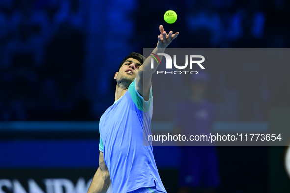 Carlos Alcaraz competes during the Nitto ATP Finals 2024 Group B match against Andrej Rublev at Inalpi Arena in Milan, Italy, on November 13...