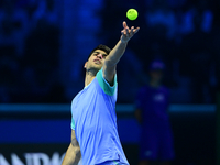 Carlos Alcaraz competes during the Nitto ATP Finals 2024 Group B match against Andrej Rublev at Inalpi Arena in Milan, Italy, on November 13...