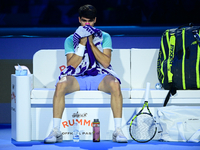 Carlos Alcaraz competes during the Nitto ATP Finals 2024 Group B match against Andrej Rublev at Inalpi Arena in Milan, Italy, on November 13...