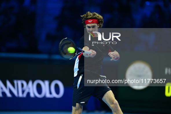 Andrej Rublev competes during the Nitto ATP Finals 2024 Group B match between Carlos Alcaraz and Andrej Rublev at Inalpi Arena in Milan, Ita...