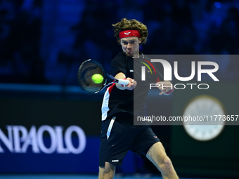 Andrej Rublev competes during the Nitto ATP Finals 2024 Group B match between Carlos Alcaraz and Andrej Rublev at Inalpi Arena in Milan, Ita...