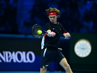 Andrej Rublev competes during the Nitto ATP Finals 2024 Group B match between Carlos Alcaraz and Andrej Rublev at Inalpi Arena in Milan, Ita...