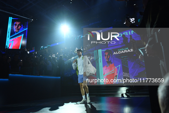 Carlos Alcaraz walks during the Nitto ATP Finals 2024 Group B match between Carlos Alcaraz and Andrej Rublev at Inalpi Arena in Milan, Italy...