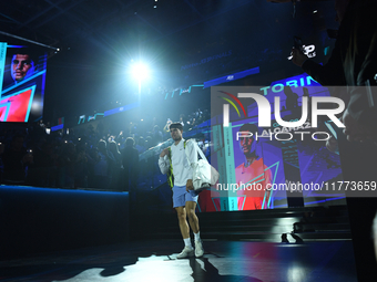 Carlos Alcaraz walks during the Nitto ATP Finals 2024 Group B match between Carlos Alcaraz and Andrej Rublev at Inalpi Arena in Milan, Italy...