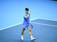 Carlos Alcaraz competes during the Nitto ATP Finals 2024 Group B match against Andrej Rublev at Inalpi Arena in Milan, Italy, on November 13...