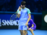 Carlos Alcaraz competes during the Nitto ATP Finals 2024 Group B match against Andrej Rublev at Inalpi Arena in Milan, Italy, on November 13...