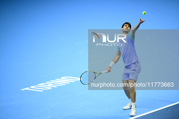 Carlos Alcaraz competes during the Nitto ATP Finals 2024 Group B match against Andrej Rublev at Inalpi Arena in Milan, Italy, on November 13...