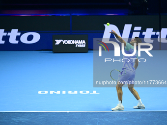 Carlos Alcaraz competes during the Nitto ATP Finals 2024 Group B match against Andrej Rublev at Inalpi Arena in Milan, Italy, on November 13...