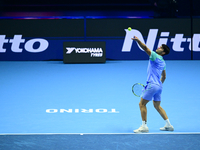 Carlos Alcaraz competes during the Nitto ATP Finals 2024 Group B match against Andrej Rublev at Inalpi Arena in Milan, Italy, on November 13...