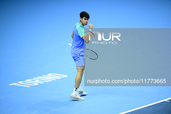 Carlos Alcaraz competes during the Nitto ATP Finals 2024 Group B match against Andrej Rublev at Inalpi Arena in Milan, Italy, on November 13...