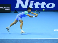 Carlos Alcaraz competes during the Nitto ATP Finals 2024 Group B match against Andrej Rublev at Inalpi Arena in Milan, Italy, on November 13...