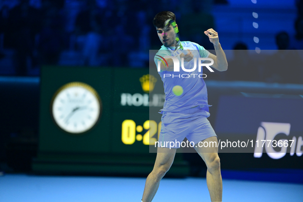 Carlos Alcaraz competes during the Nitto ATP Finals 2024 Group B match against Andrej Rublev at Inalpi Arena in Milan, Italy, on November 13...