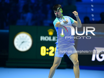 Carlos Alcaraz competes during the Nitto ATP Finals 2024 Group B match against Andrej Rublev at Inalpi Arena in Milan, Italy, on November 13...