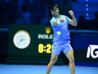 Carlos Alcaraz competes during the Nitto ATP Finals 2024 Group B match against Andrej Rublev at Inalpi Arena in Milan, Italy, on November 13...