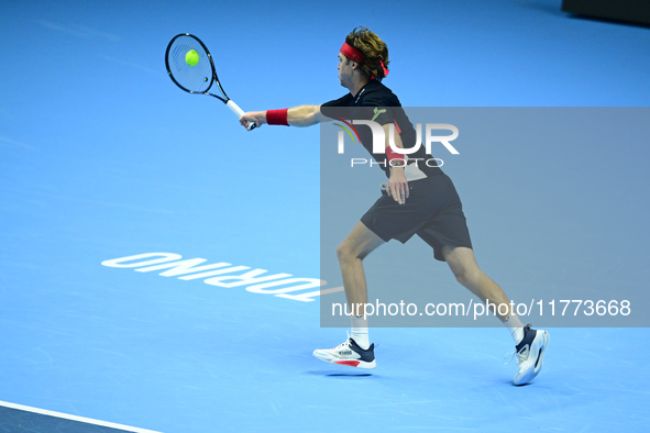 Andrej Rublev competes during the Nitto ATP Finals 2024 Group B match between Carlos Alcaraz and Andrej Rublev at Inalpi Arena in Milan, Ita...