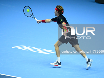 Andrej Rublev competes during the Nitto ATP Finals 2024 Group B match between Carlos Alcaraz and Andrej Rublev at Inalpi Arena in Milan, Ita...