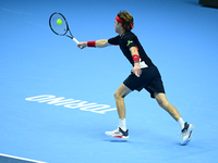 Andrej Rublev competes during the Nitto ATP Finals 2024 Group B match between Carlos Alcaraz and Andrej Rublev at Inalpi Arena in Milan, Ita...