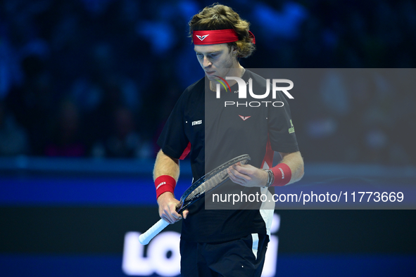 Andrej Rublev competes during the Nitto ATP Finals 2024 Group B match between Carlos Alcaraz and Andrej Rublev at Inalpi Arena in Milan, Ita...