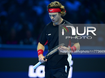 Andrej Rublev competes during the Nitto ATP Finals 2024 Group B match between Carlos Alcaraz and Andrej Rublev at Inalpi Arena in Milan, Ita...